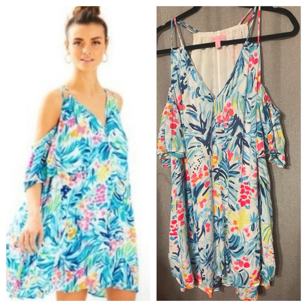 EUC Lilly Pulitzer tropical print Bellamie Dress Blue pink  Cold Shoulder Small